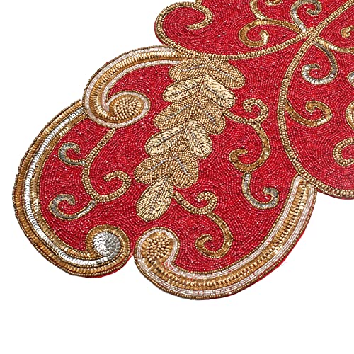 Christmas Red Table Runner, Christmas Beaded Table Runner 54 Inch, Glitz Beaded Table Runner - Table Centerpieces For Dining Room, Rustic Farmhouse Table Décor - 16X54 Fancy Scrolled - Maroon Gold #TOP4