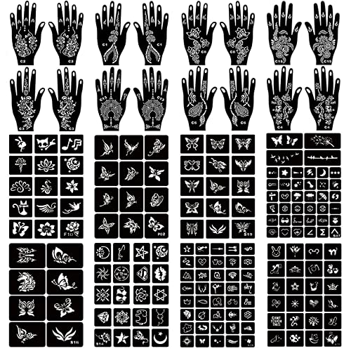 Henna Tattoo Stencil Kit 190Pcs, 24 Sheets Henna Stencils Reusable Temporary Indian Arabian Glitter Airbrush Tattoo Stencils For Face Body Paint Diy #TOP1