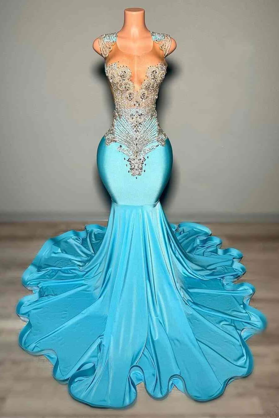Engerla Blue Prom Dress Bead Applique Pageant Celebrity Gala Mermaid Evening Party Dress Church Train