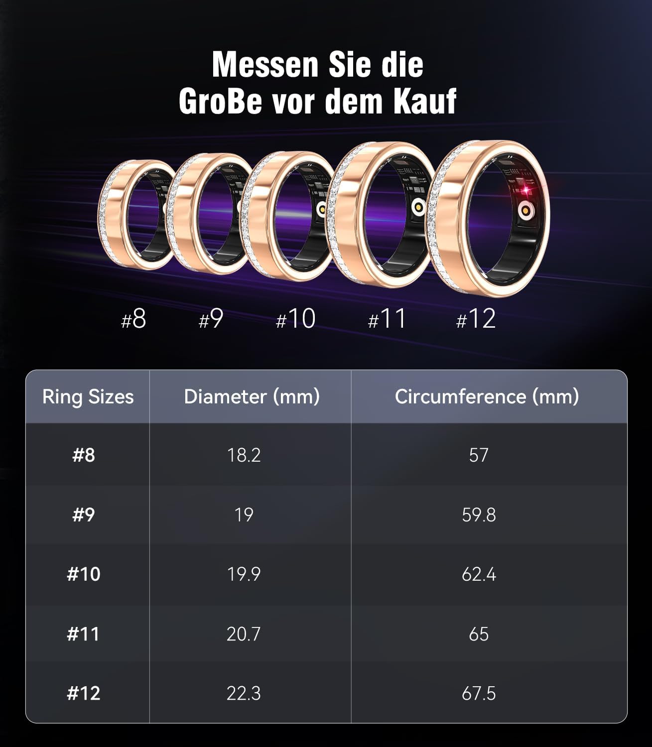 2026 NO.1 - Smart Ring con diamante e custodia di ricarica wireless, numero di settore 1-0, monitoraggio del sonno, anello intelligente portatile SpO2 per Android e iOS, oro 8#