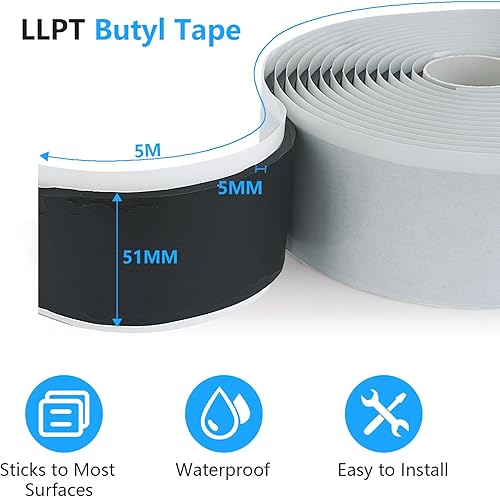 Miniatura 2 de Cinta de butilo LLPT Negra 2 Pulgadas x 16.5 Pies 5mm de Grosor Sello Hermético al Agua para Reparación de RV EPDM a Prueba de Fugas Ventana Vidrio