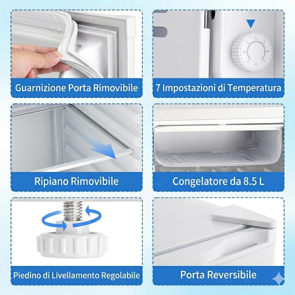 Mini frigorifero bianco 91L con congelatore, porta singola, termostato regolabile a 7 livelli. Risparmio energetico, bassa rumorosità, ideale per ufficio, camera e dormitorio