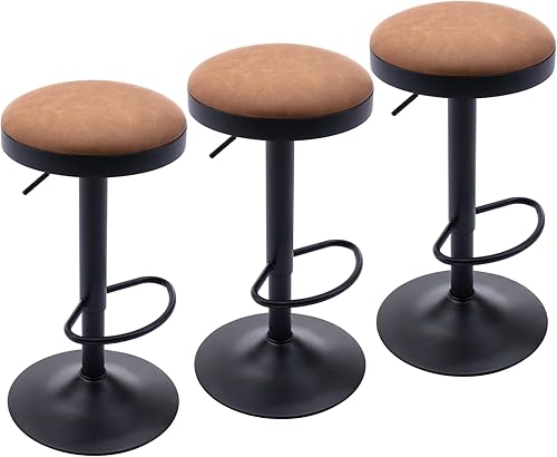 CIMOTA Juego de 3 taburetes de bar redondos giratorios con espalda descubierta, ajustable, moderno, industrial, de piel sintética, para cocina,
