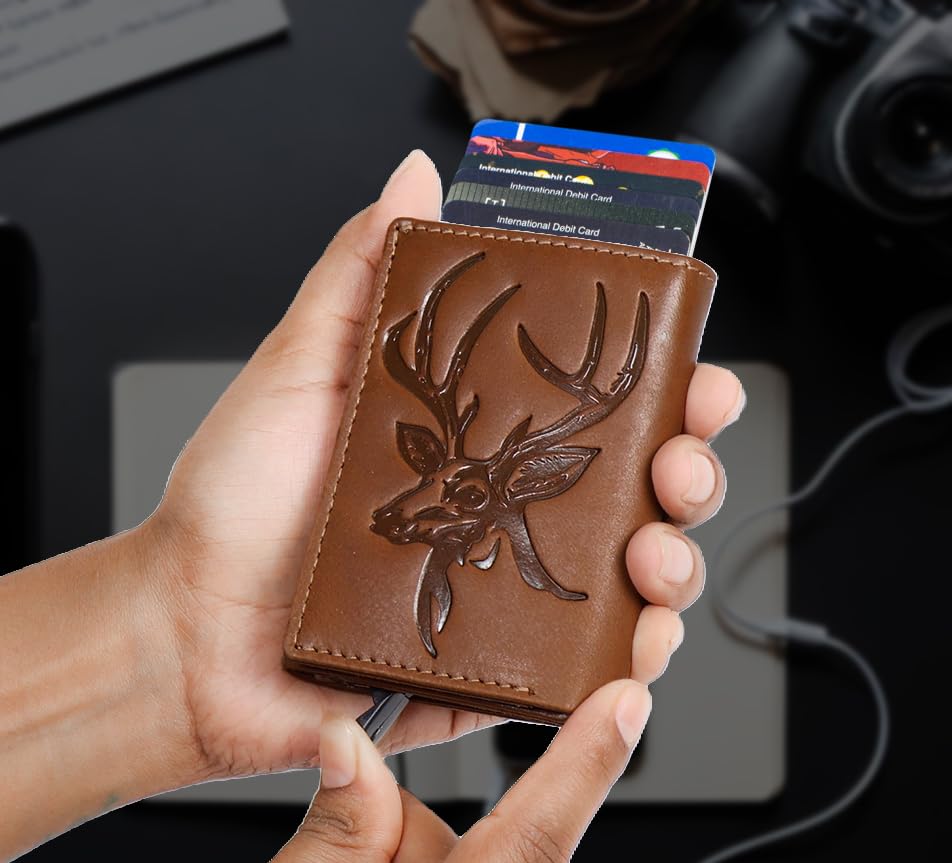 Image of DEOCRAFT Men's Genuine Leather RFID Wallet | Premium Slim Red Wallet for Men with Deer 3D Print | 8 Card Slots Secure and Durable | Casual Stylish | Formal & Gifting Use, Golden (TAN)