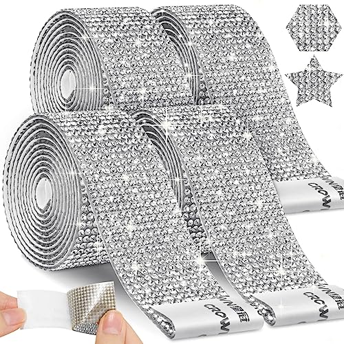 ROADPLUM 4 Rolls Self Adhesive Rhinestone Strips, Silver Ribbon Diamond Ribbon for Crafts, DIY Rhinestone Tape for Mirror Car Dress Gift Party Home Decoration (Total 4 Yards)