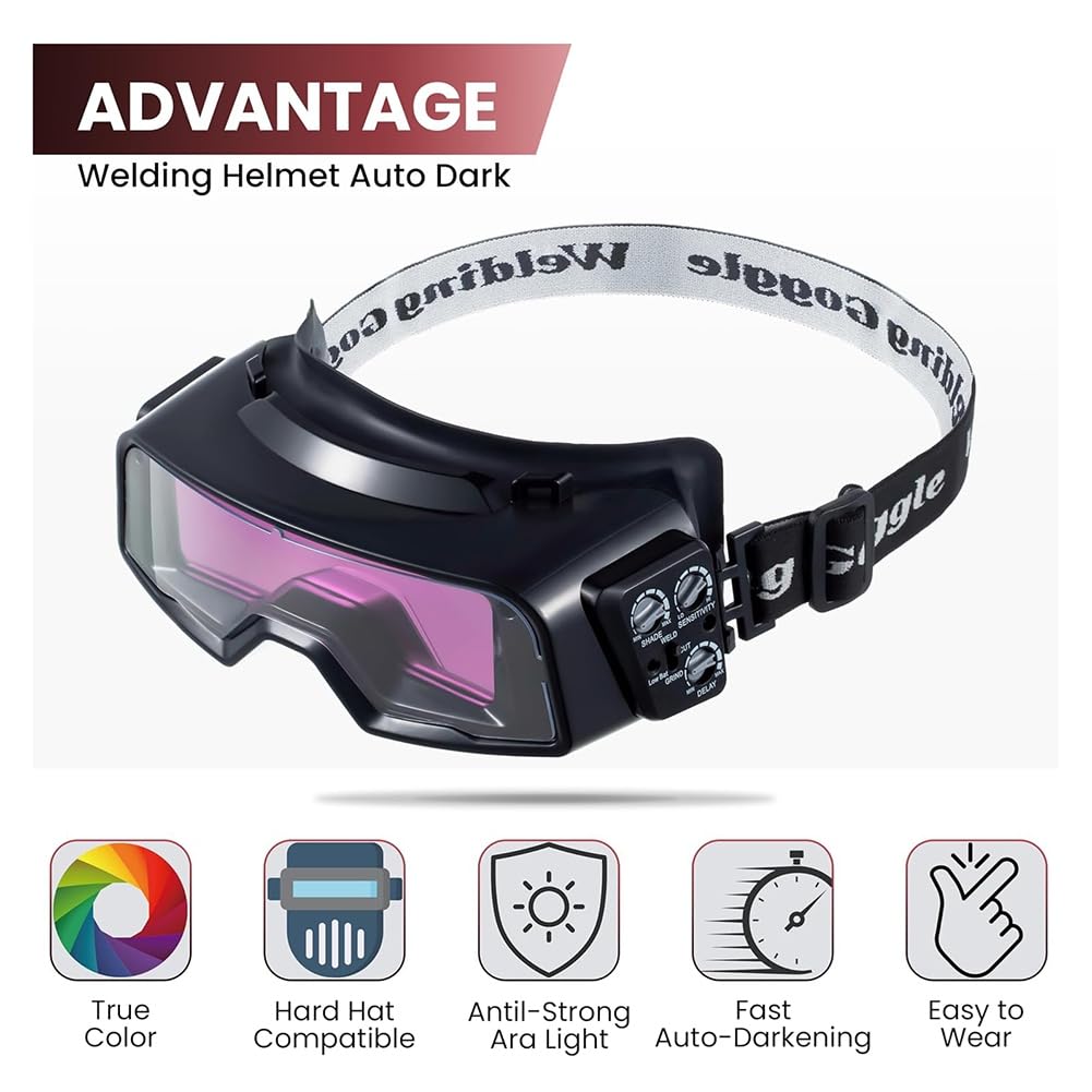Lunettes de soudage obscurcissantes automatiques, large gamme 4/5-9/9-13, lunettes de soudeur avec masque de soudeur et 10 verres de rechange, masque de soudage compact et casque pour TIG