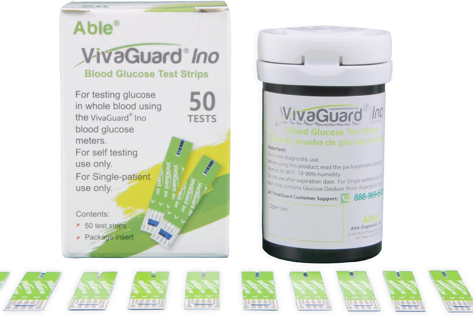 Vivaguard Ino Blood Glucose Test Strips for Diabetes - 50 Counts Accurate Diabetic Test Strips for Monitoring Blood Sugar - Compatible with Vivaguard Ino Glucometers Only, Green