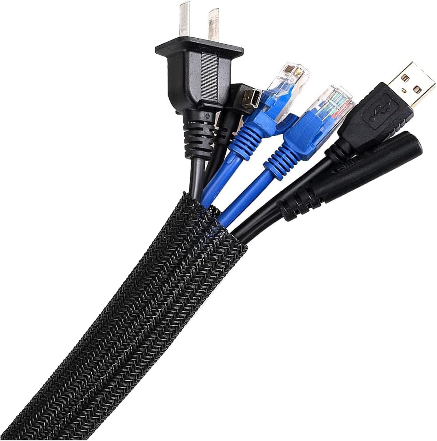 AGPTEK 13mm-6.1m Cable Organizer, Auto Cable Sleeve, Collect Cables Close, Flexible Trimmable Woven Cable Liner, Suitable for Desk, TV, Floor, Black