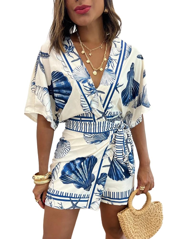 Photo 1 of THLAI Womens Short Sleeve V Neck Seashell Print Wrap Tie Waist Skort Romper One Piece Outfits with Inner Layers