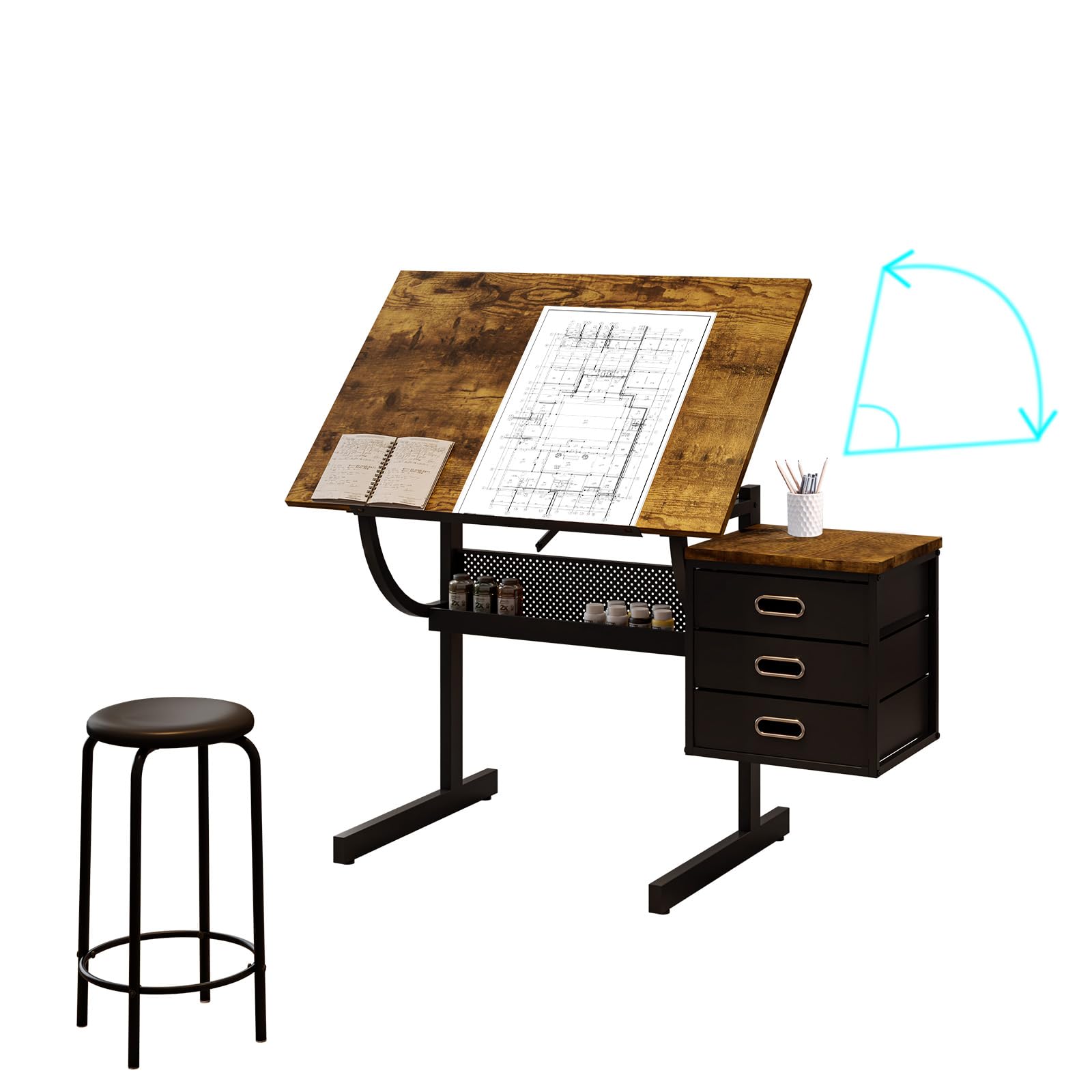 Professional Drafting Table with Stool, Adjustable Drawing Desk for Artists, 0-75° Tilting Architecture Table with 3 Storage Drawers & Large Work Surface(Brown)
