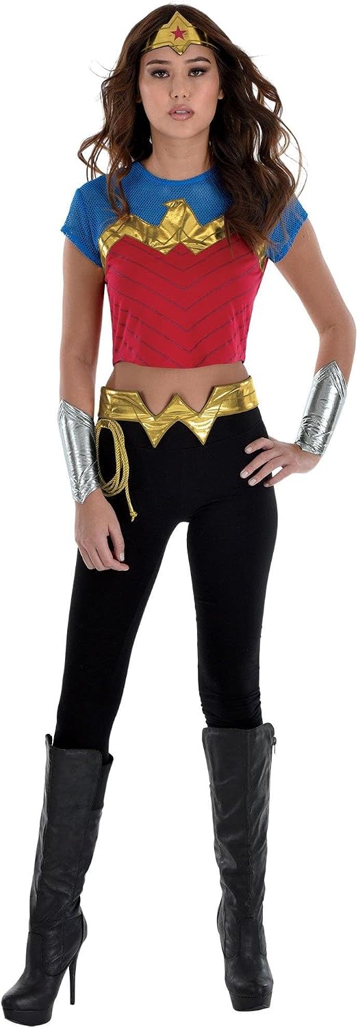 Party City Wonder Woman Costume Accessory Kit for Women - DC Comics Costume Includes Crop Top, Belt, Wrist Guards, Headband, & Lasso - Costumes for Halloween, Birthday Parties, & Themed Events Multi