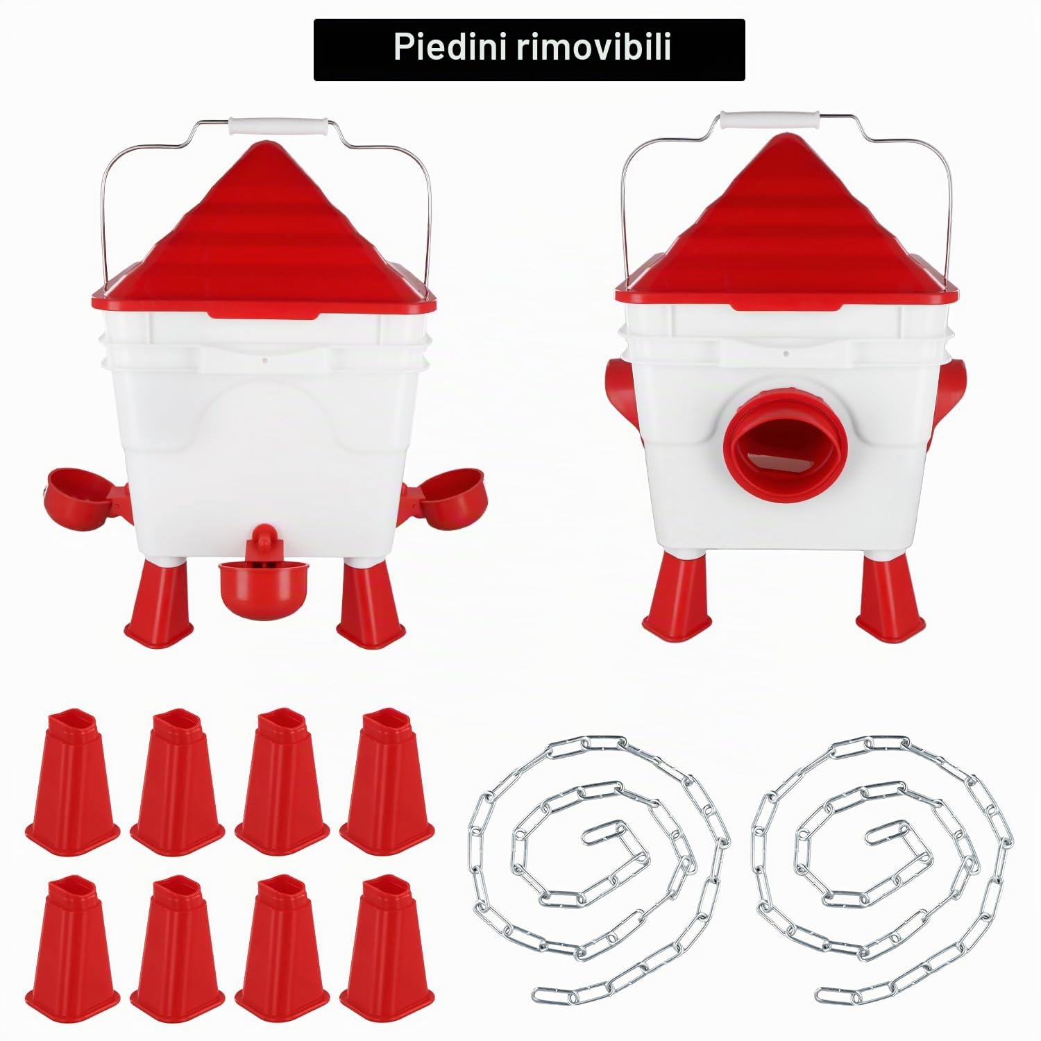 QWORK® Set Mangiatoia e Abbeveratoio Automatico per Galline Polli - 6Kg/8,5L - con Aperure Anti-Spreco, Piedi Rimovibili e Catene in Acciaio - Adatto per Uso Esterno