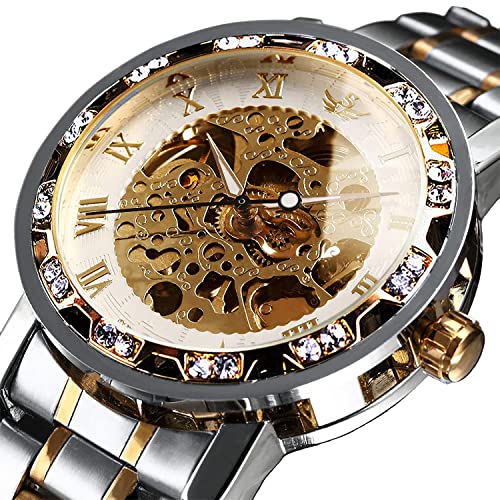 Watches, Men's Watches Mechanical Hand-Winding Skeleton Classic Business Fashion Stainless Steel Steampunk Dress Watch Gold