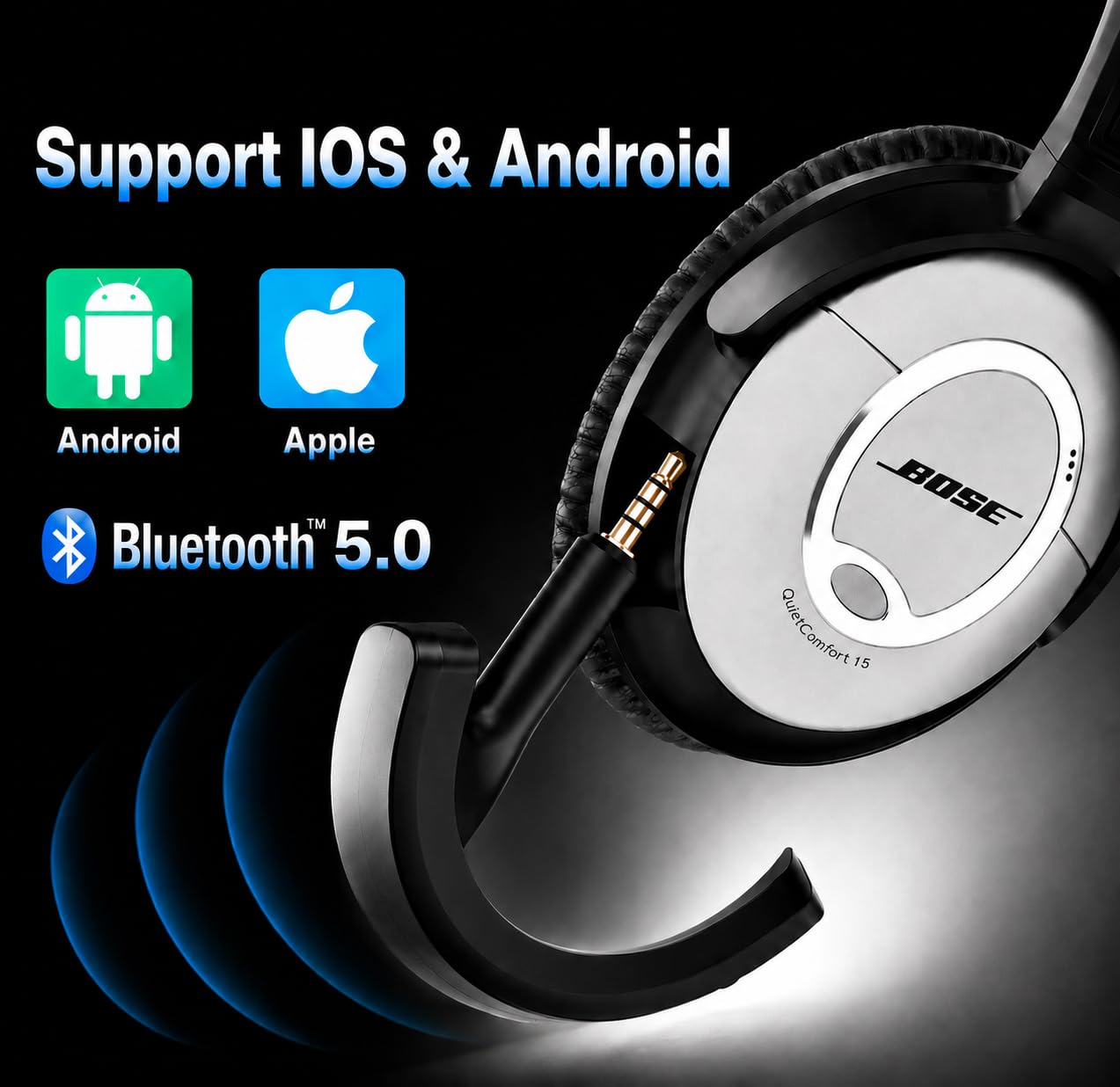 aptX - Adaptador inalámbrico Bluetooth 5.0 para Bose QuietComfort QC 15 con micrófono/Control de Volumen, Color Negro