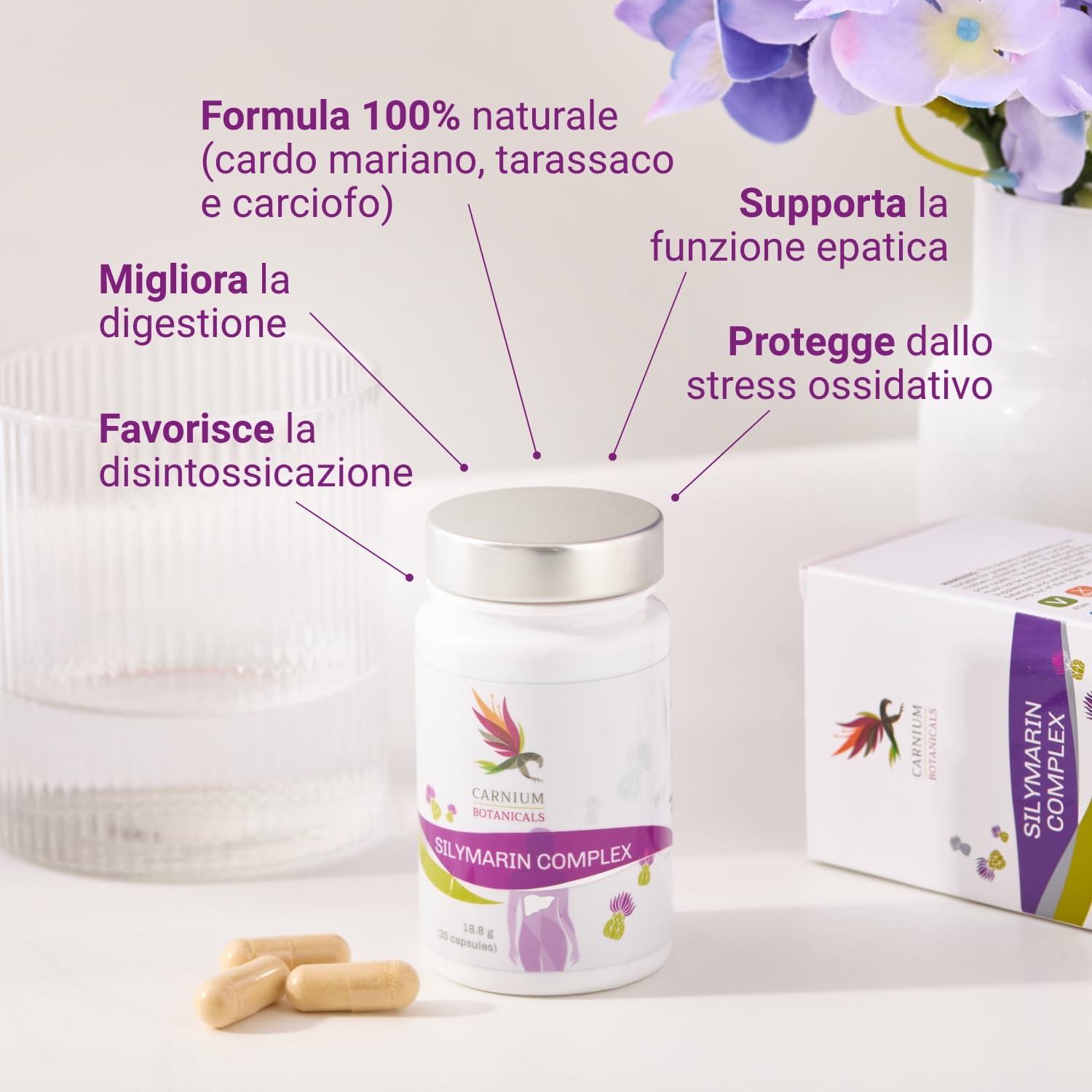 Carnium Botanicals Silymarin Complex – Capsule con Cardo Mariano, Tarassaco e Carciofo – Estratto Naturale con Silimarina – Formula Vegetale Senza Glutine – 30 Capsule