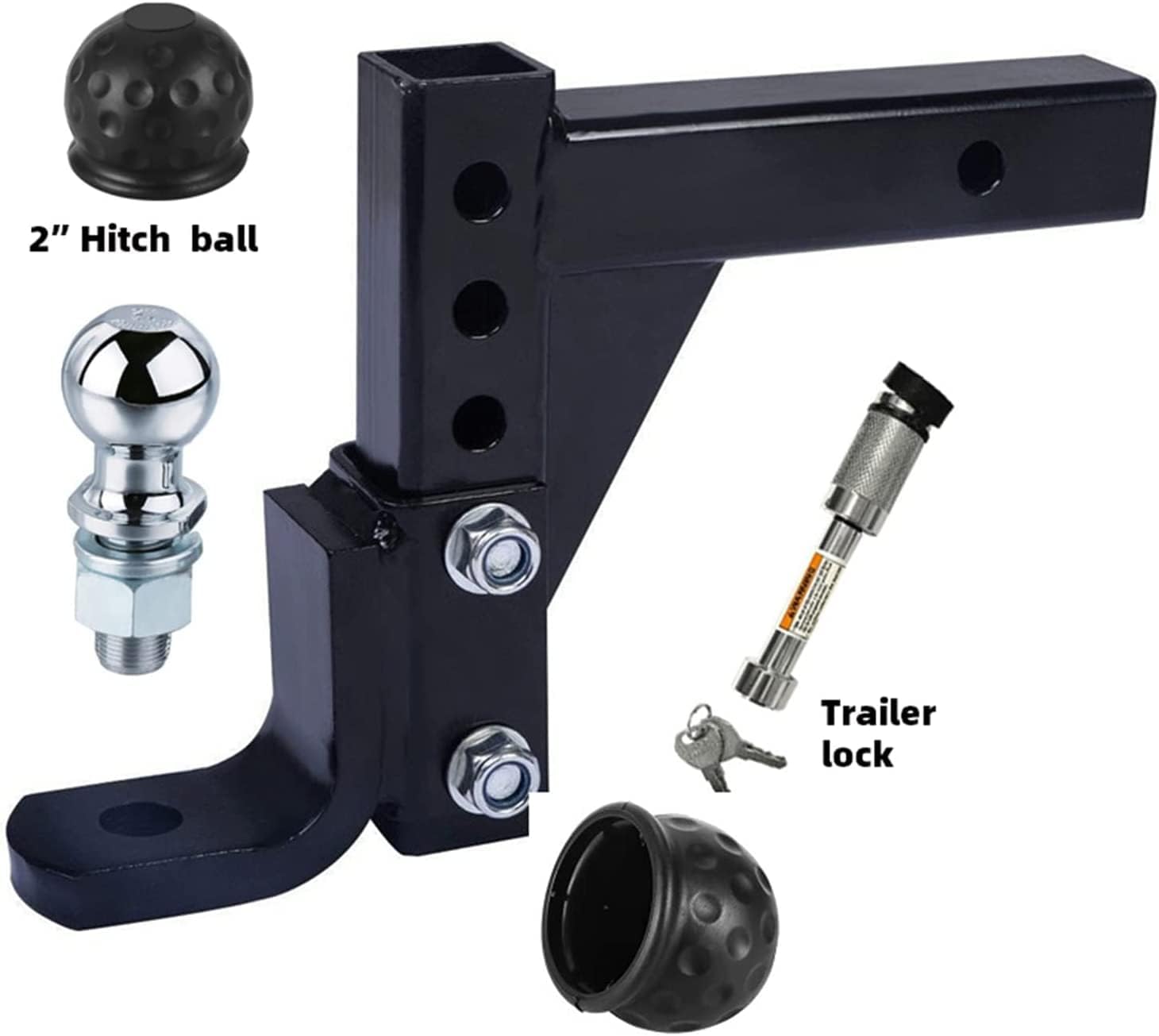 Adjustable Trailer Hitch, Trailer Hitch Trailer 10" Adjustable 4 Level Trailer Drop Hitch Ball Mount Tow for 2" Trailer Receiver Trailer Parts Heavy Duty and Sturdy(2 Ball Lock)