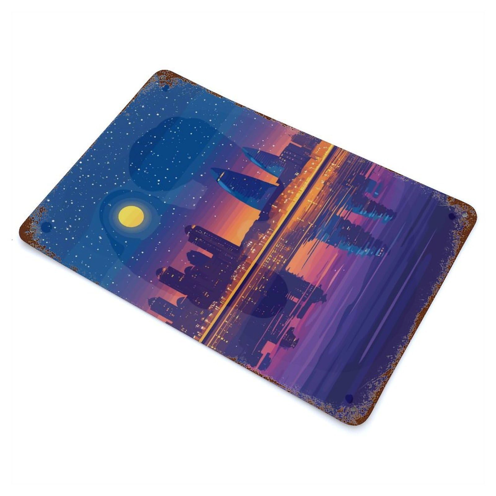 Night Cityscape Reflection Decorative Tin Sign 11.8"x7.9", Retro Wall Decor for Basement, Hobby Room And Garage Decor