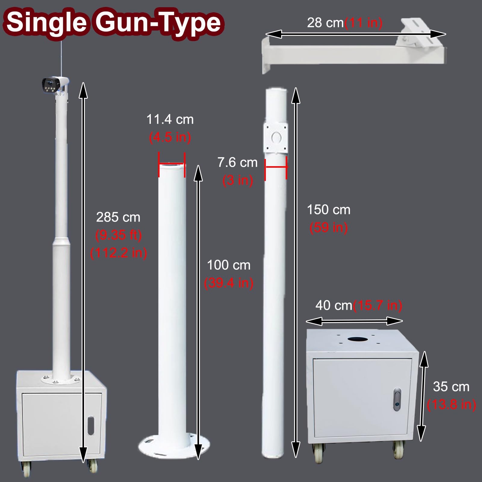Palo Telecamera Palo di Sorveglianza Angolare per Esterni, Palo per Telecamera di Sicurezza con Ruote e Base Portaoggetti, Staffa di Sorveglianza Alta 2.7 m(Single Gun)