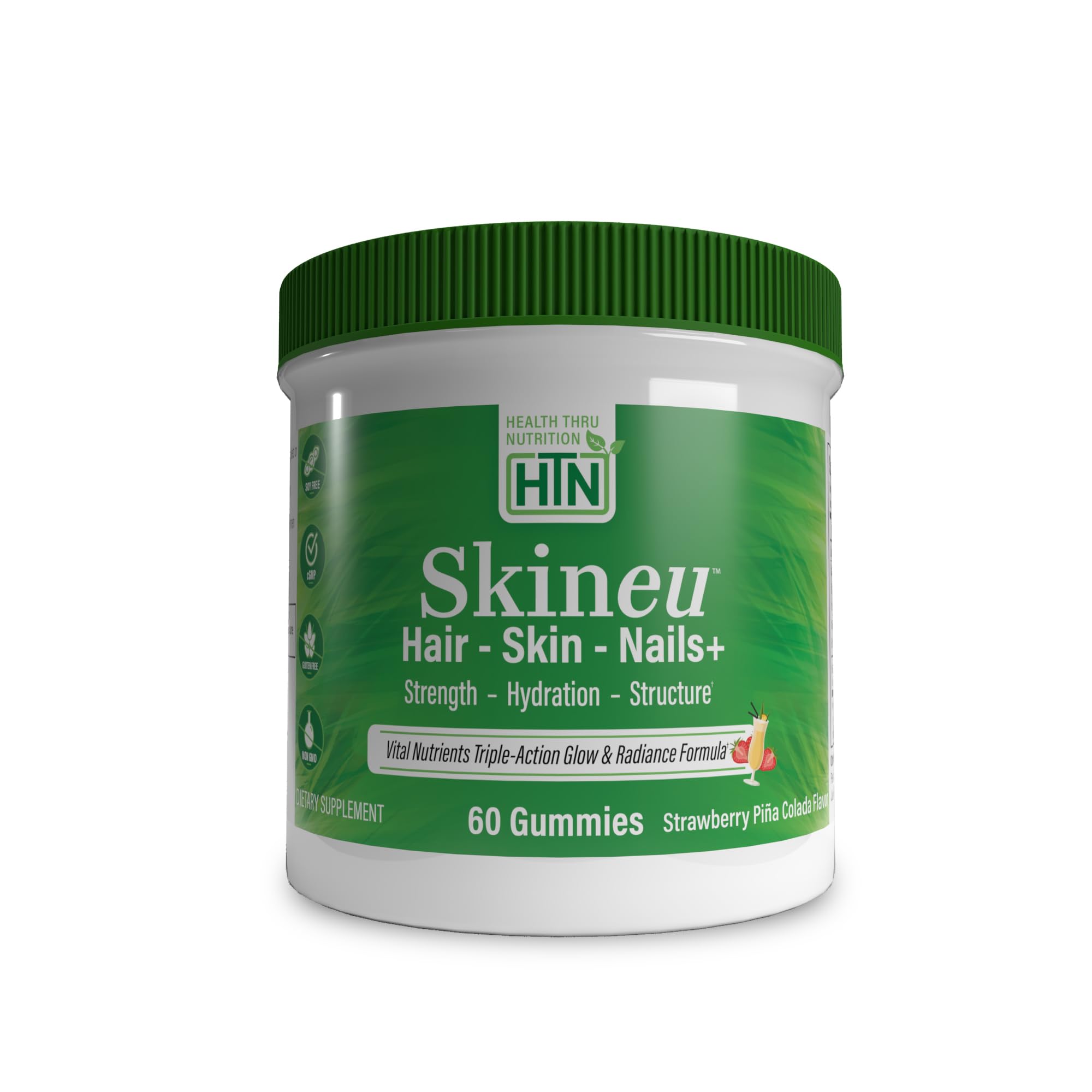 Health Thru Nutrition Skineu Hair, Skin & Nails+ Gummies | Biotin 5000mcg, Hyaluronic Acid, Retinyl Palmitate | Beauty Support - Strength & Hydration | Strawberry Piña Colada Flavor | 60 Gummies