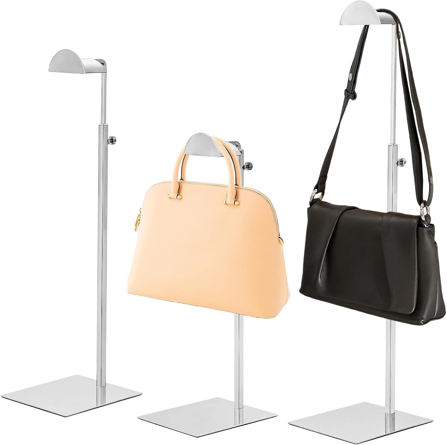 NATGAI 3 Pack Adjustable Height Purse Display Stand, Stainless Steel Handbag Display Holder with Silver Finish, Heavy-Duty Hook Rack for Bags, Purses, and Jewelry (3 Pack)