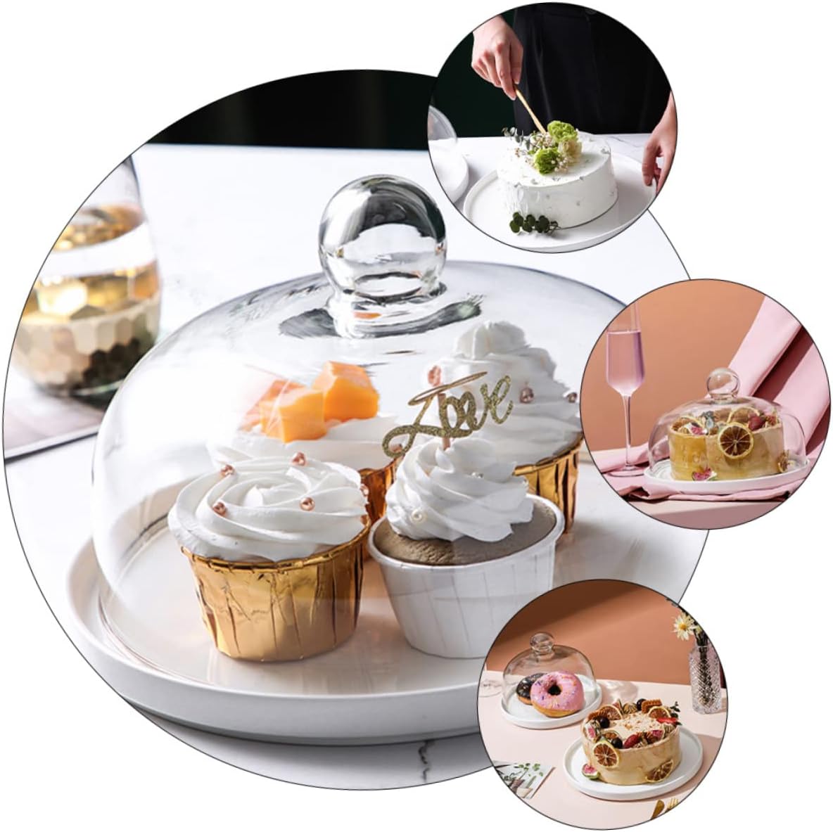 Alipis Elegant Ceramic Cake Plate with Glass Cover Dessert Platter for Serving Cakes Cupcakes and Fruits Dust Design for Parties and Gatherings