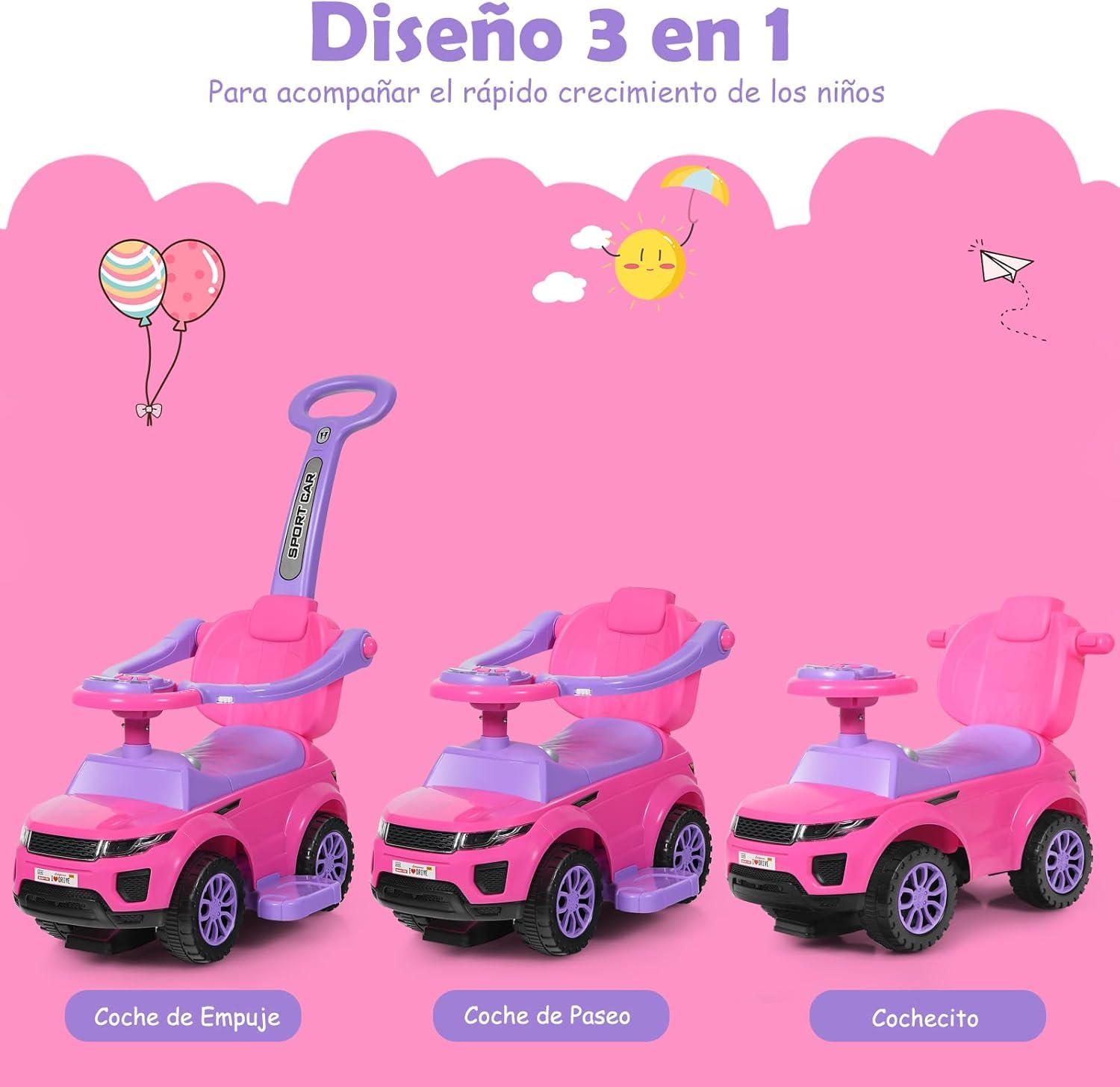 GOPLUS Correpasillos 3 En 1 Para Bebés De 1 A 3 Años - Coche Sin Pedales Con Almacén, Sonidos Y Asa Extraíble - Rosa - 89x43x84 Cm