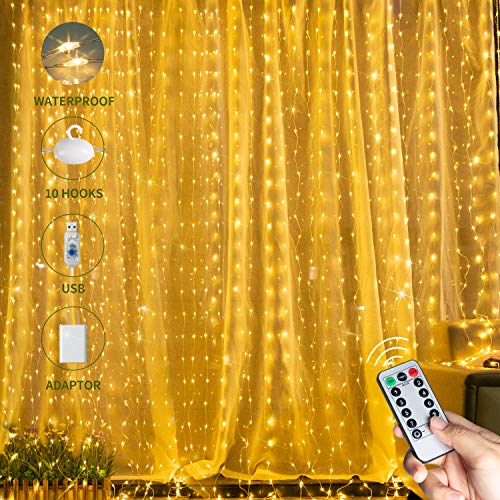 300 LED Curtain Lights with 8 Modes & Timer Remote, USB 9.8Ft x