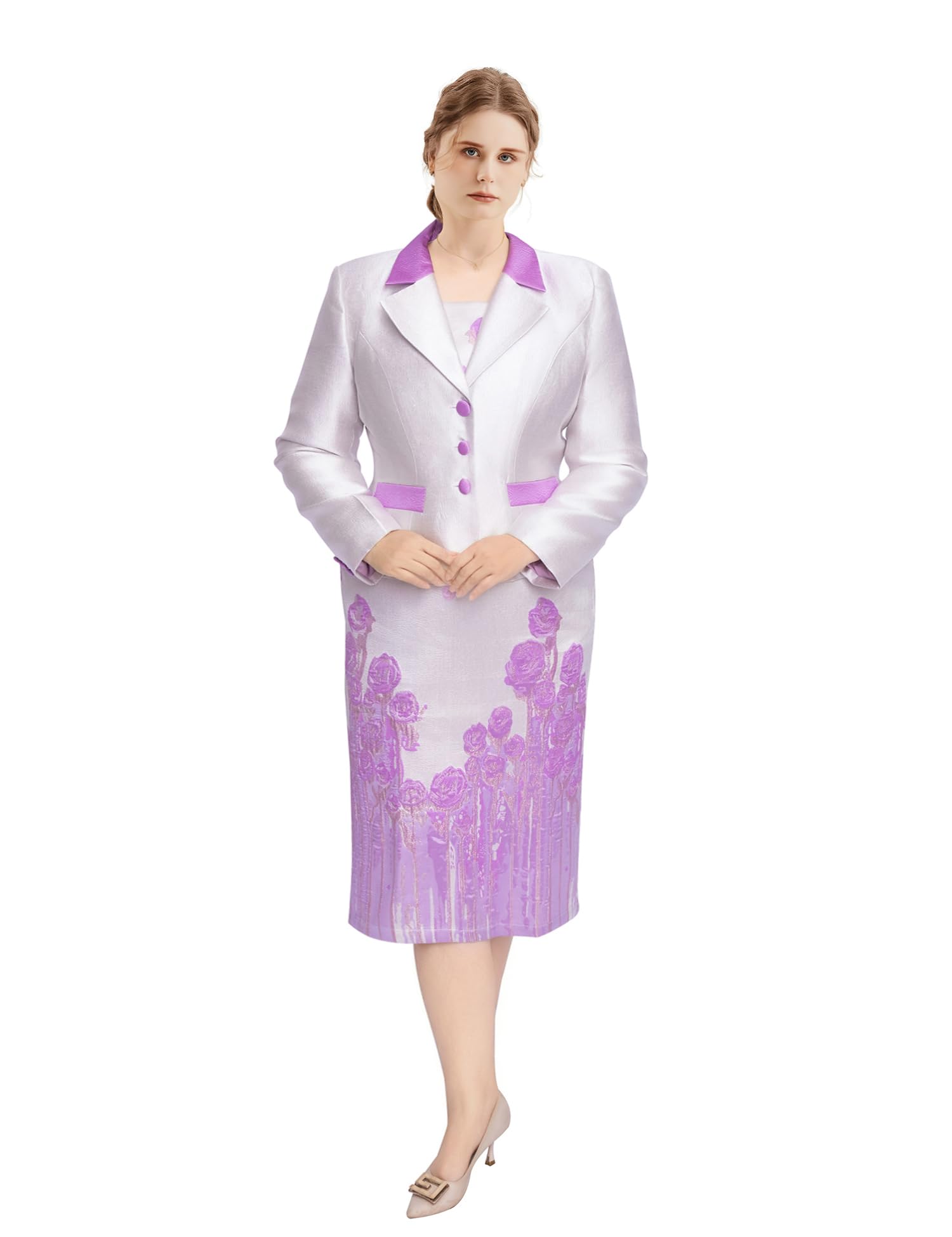 Geenlinm FASHlON Womens Dress Church Suits 2 Piece Elegant Jacquard Dress Jacket Set Brocade Elegance Church Outfits