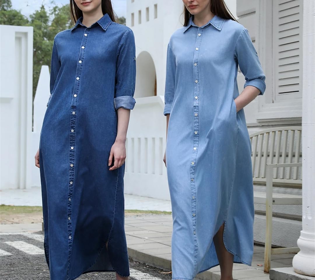 Size XS Vogrtcc Women’S Belted Blouse Denim Dress Pullover Turn-Down Collar Ankle-Length Long Sleeve A-Line Dresses