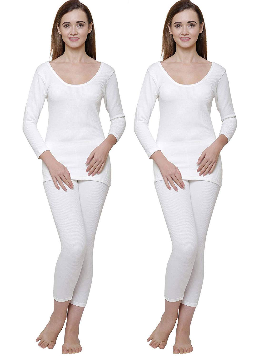 Women White Round Neck Full Sleeves Upper/Top and Lower/Trouser/Bottom Thermal Set - Pack of 2-image-22