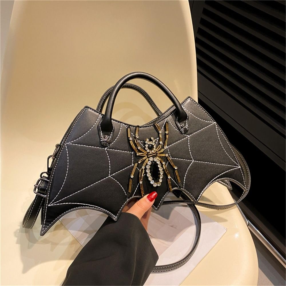 Borsa a tracolla con ali di pipistrello, borsa a tracolla in pelle PU con ragnatela divertente gotica da donna