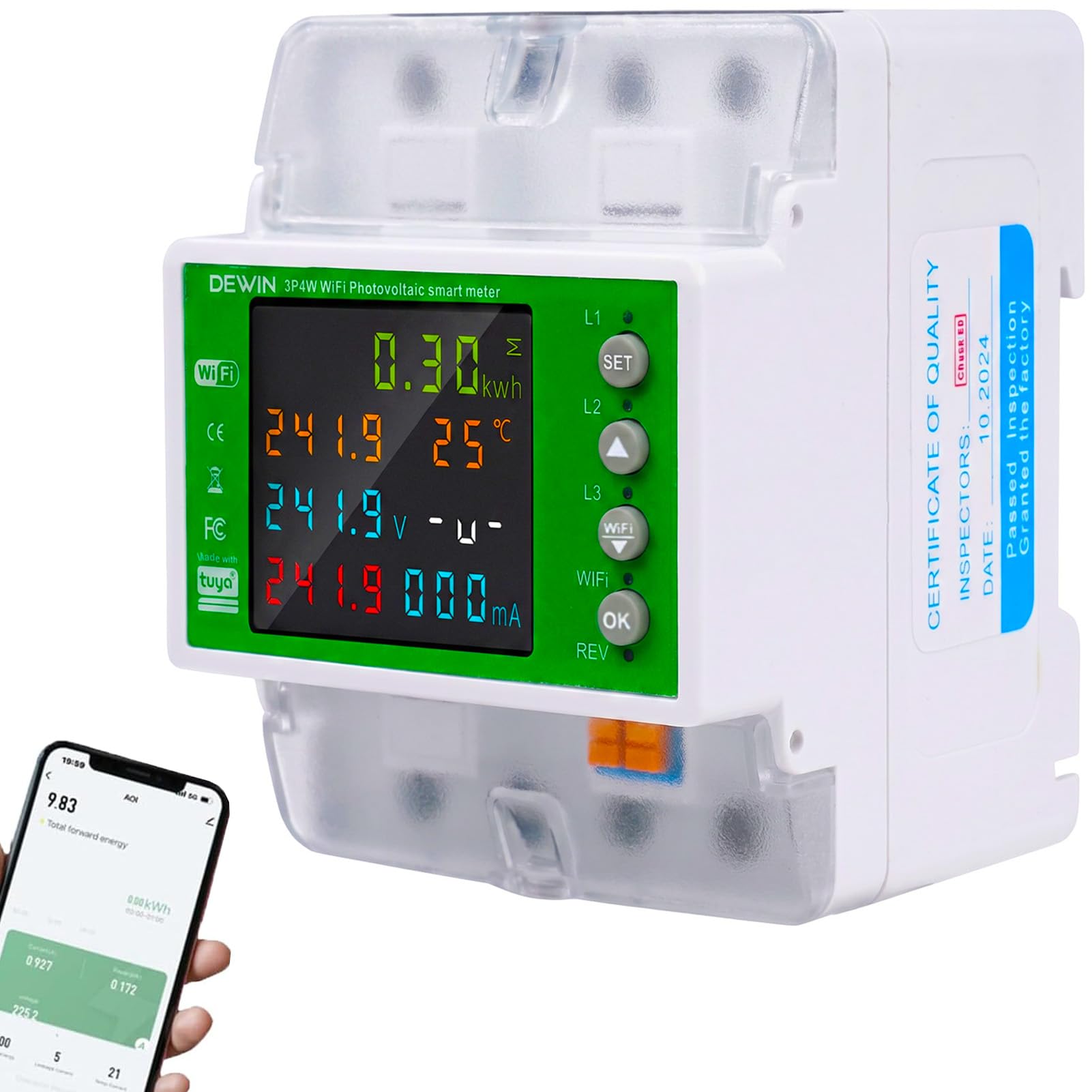Contatore di Energia WiFi, 100A, 380V AC Contatore Energia Elettrica Tuya, Interruttore di Corrente Intelligente, schermo a colori 4P trifase con app Tuya