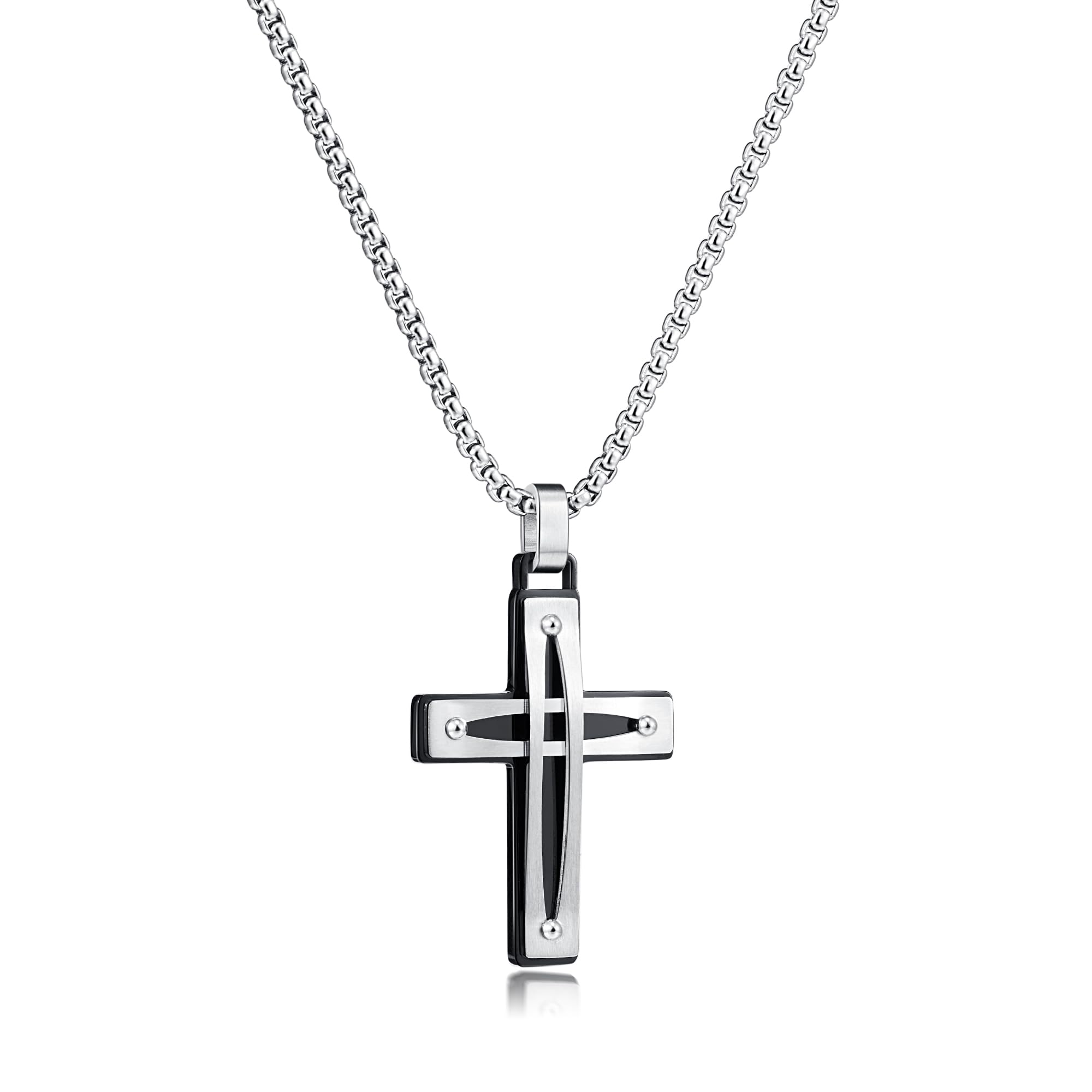 Cross Necklace for Men, Silver Stainless Steel Mens Jesus Cross Pendant Adjustable Chain 22-24in