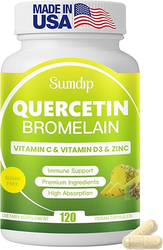 Suplemento de quercetina con bromelina para hombres y mujeres, 120 cápsulas para suplemento de apoyo inmunológico, mezcla con vitamina C, vitamina
