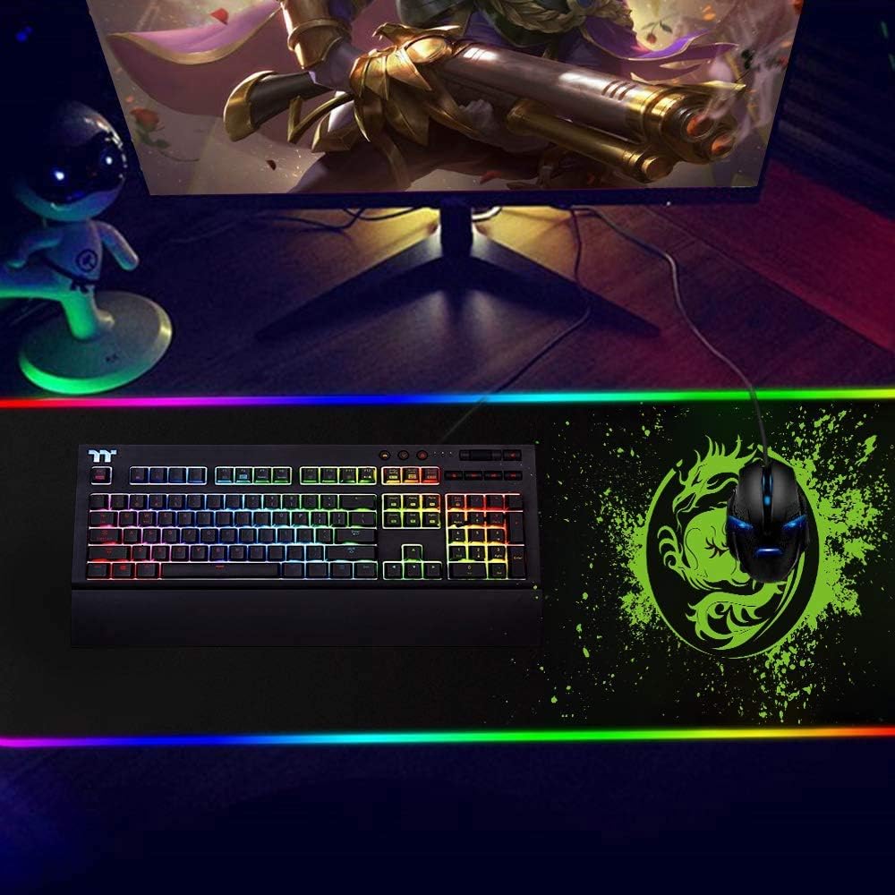 Large RGB Gaming Mouse Pad - 15 Light Modes Extended Computer Keyboard Mat, Anime Dragon Mouse Pad,High-Performance Mouse Pad Optimized for Gamer 31.5 X 12in (Green)
