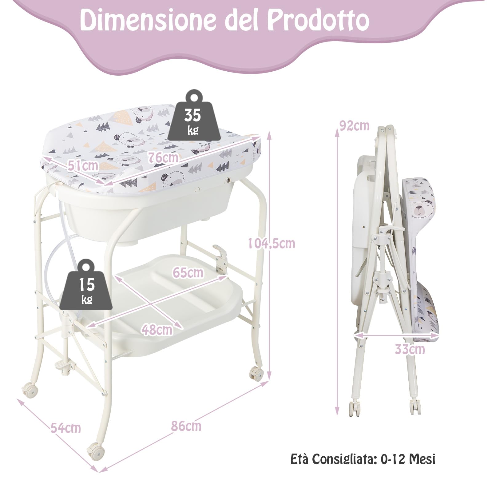 RELAX4LIFE 2 in 1 Fasciatoio con Vaschetta Bagnetto per Neonato, Fasciatoio Pieghevole con 4 Ruote Bloccabili, Bagnetto per Neonati 0-12 Mesi, Carico 15KG (Bianco)