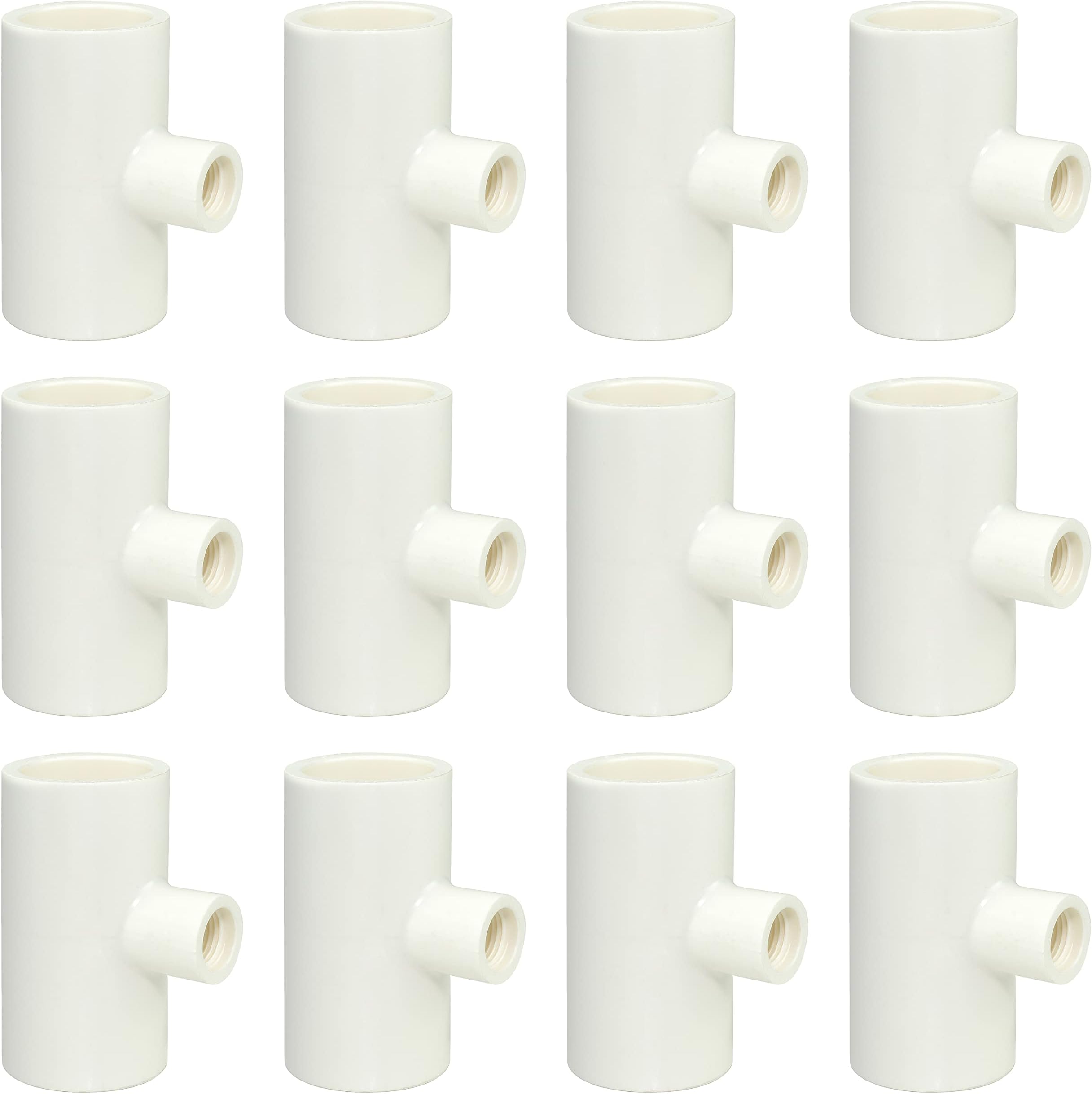 Cruzadel (12 Pack) PVC Tee Fittings for Threaded Poultry Cups Chicken Waterer - Schedule 40 PVC 1/2 inch Slip X 1/2 inch Slip X 1/8 inch FPT