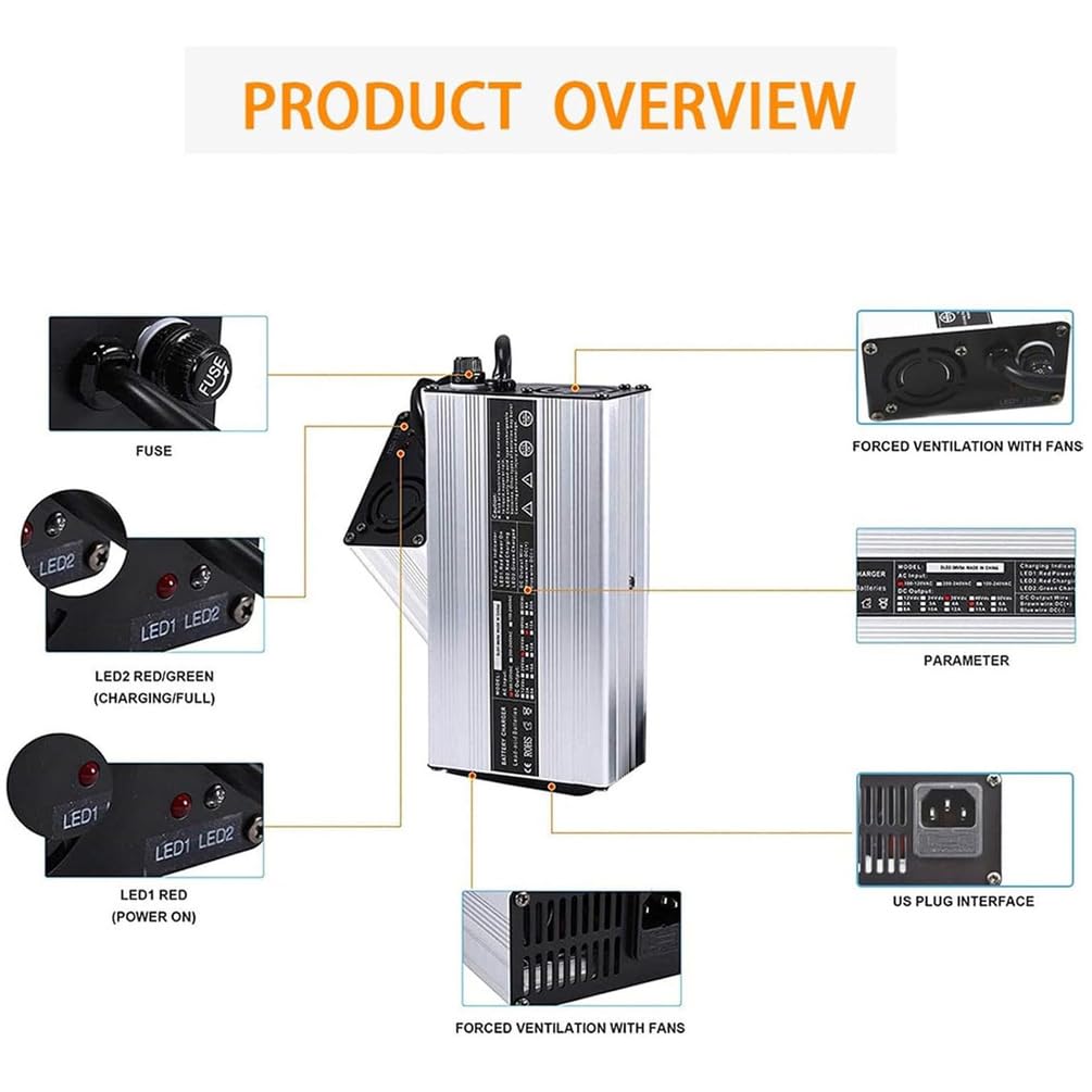 Caricabatterie 12V/24V/36V/48V/60V/72V Caricabatterie Ad Alta Potenza per Carrelli Elevatori con Attacco Anderson da 50A/120A/175A per La Ricarica di Batterie al Piombo