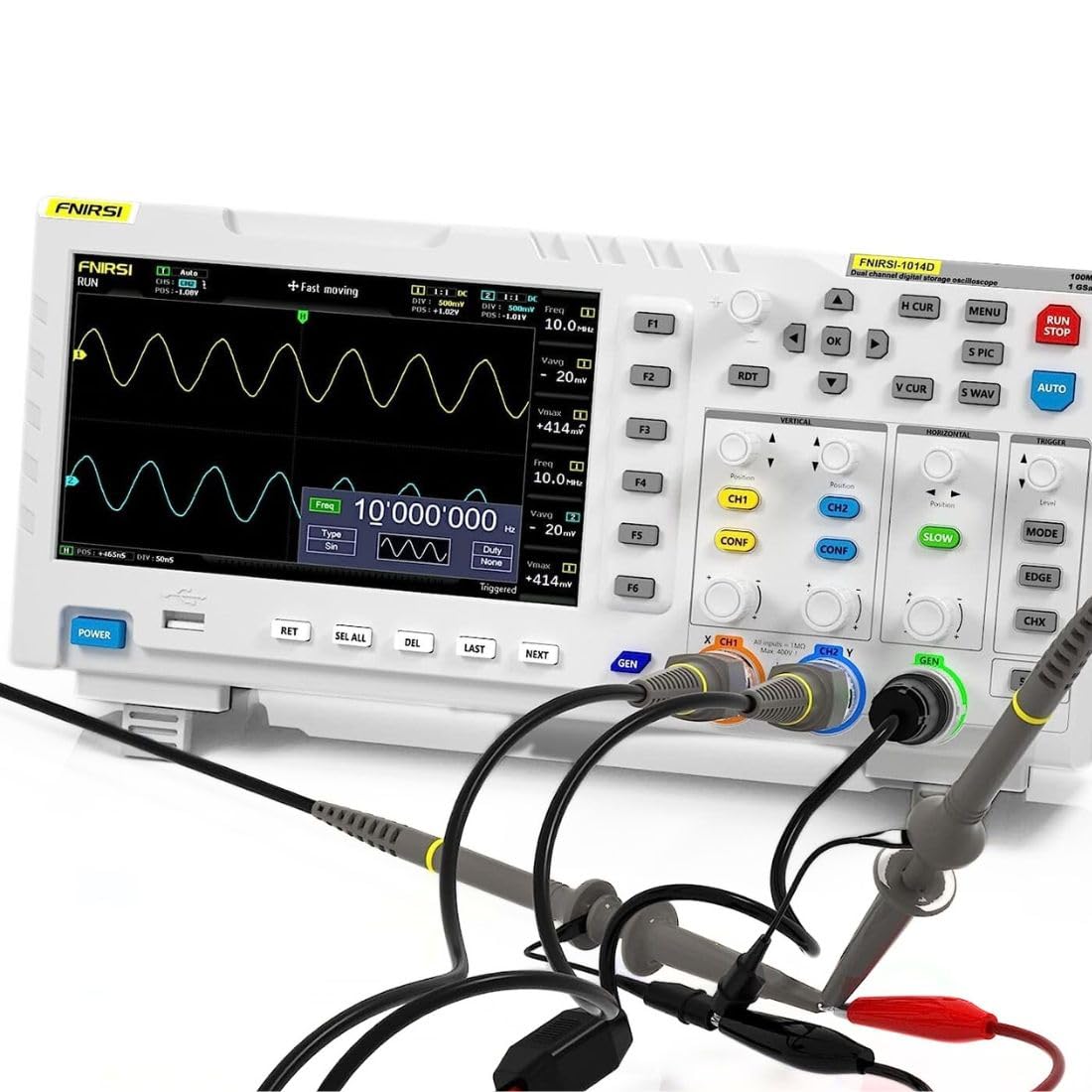 Yellow Tommy FNIRSI 1014D Digital Oscilloscope | 2-in-1 DSO with DDS Signal Generator, Dual Channel, 100MHz Bandwidth, 1GSa/s Sampling, 1GB Storage | Lab & Electronics Testing Tool - Image 2 thumbnail
