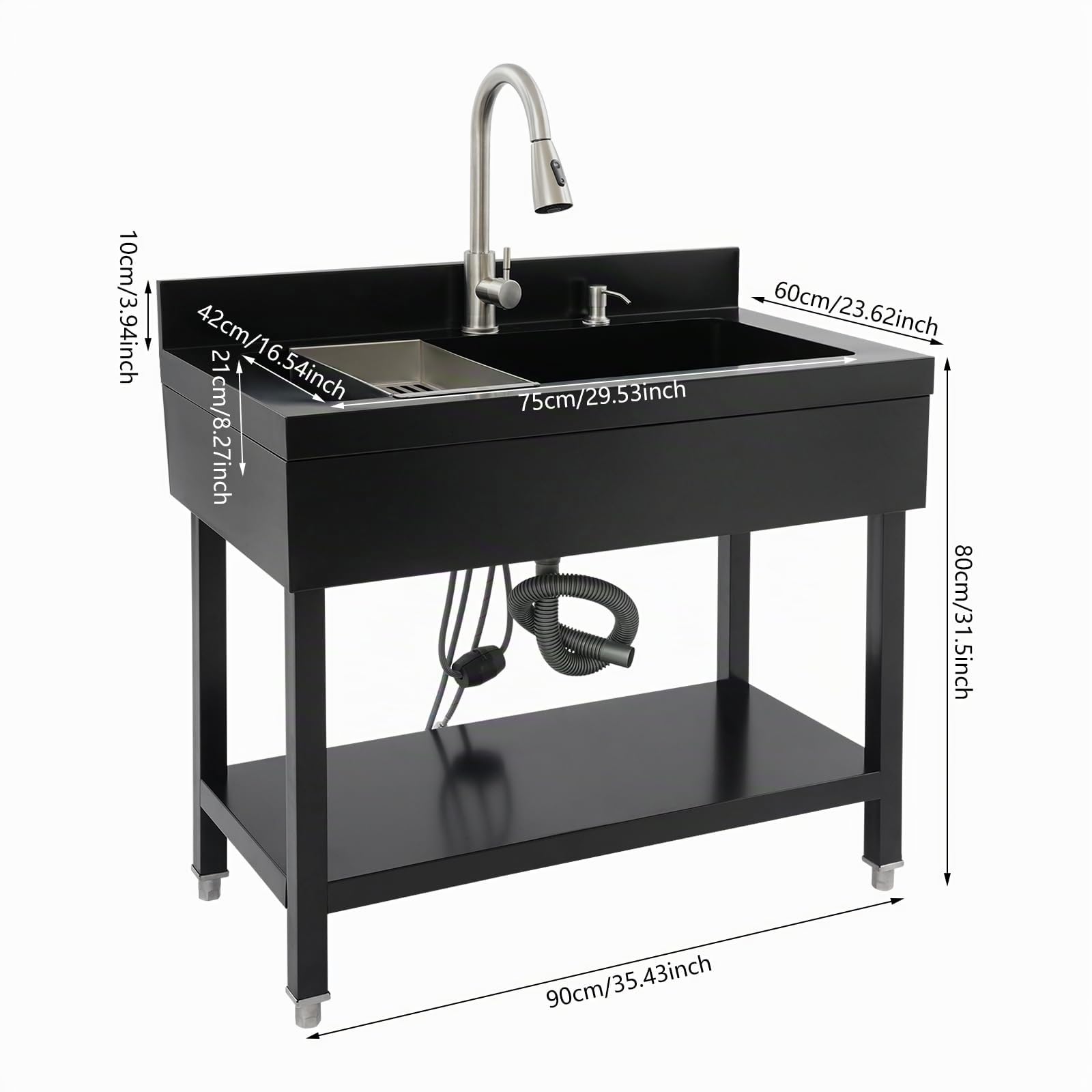 Freistehende Edelstahl-Spülbecken, Großes Einzelbecken Spültisch mit Abtropfkorb & Ausziehbare Wasserhahn, Gewerbliche Küchenspüle Spülschrank für Zuhause Waschküche (90x60x80 cm, Schwarz)