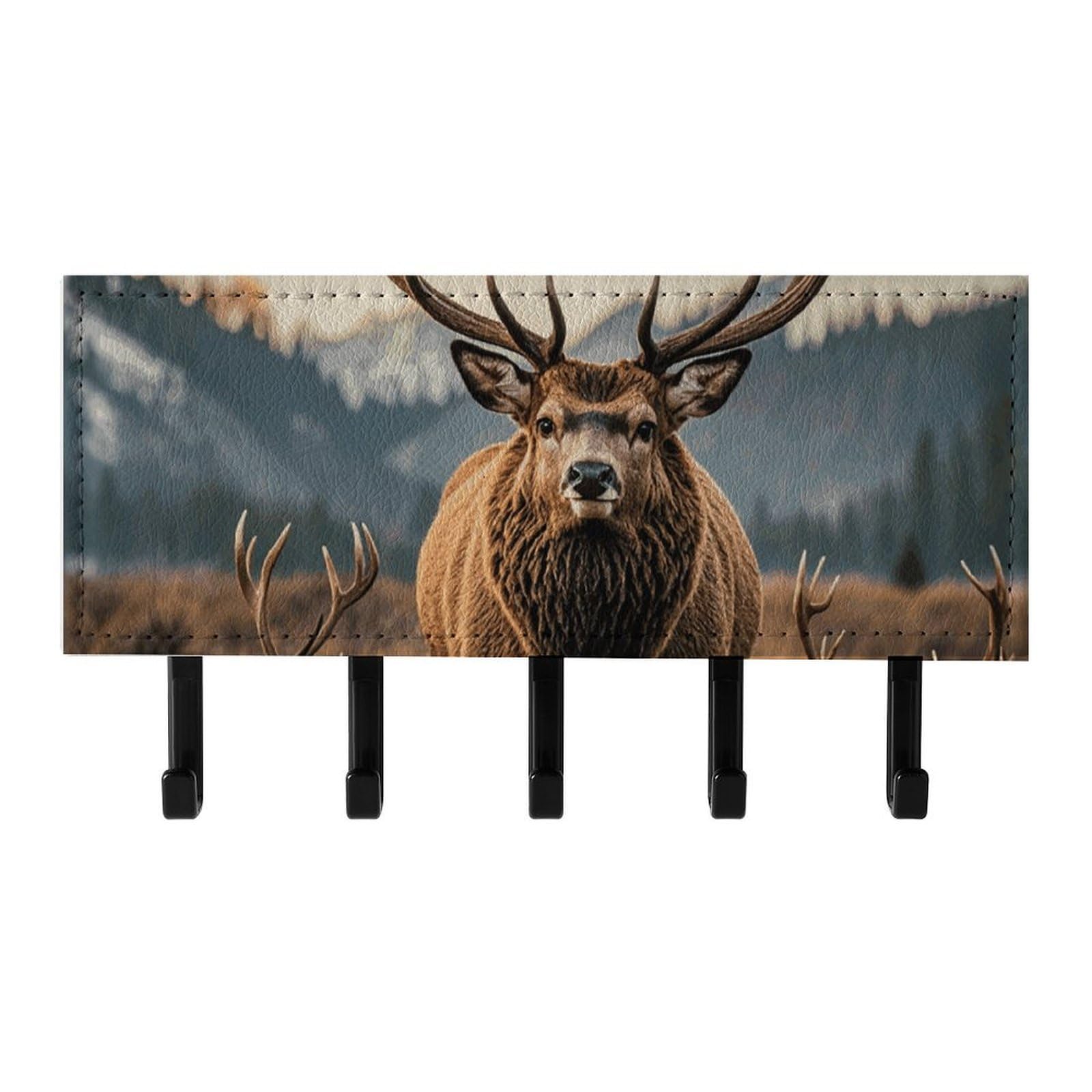 QMNLKH Wildlife Hunting Deer Bear Elk Wall Mounted Key Rack for Home, No Drilling Key Holder with 5 Hooks, Self Adhesive Keys Chain Organizer for Hallway, Keys Hanger Shelf for Office, Doorway Black