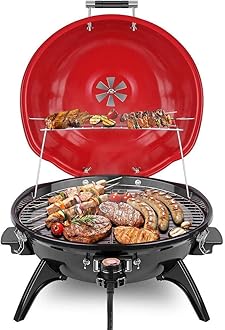 Electric BBQ Grill Techwood 15-Serving Indoor/Outdoor Electric Grill for Indoor & Outdoor Use, Double Layer Design, Portable Removable Stand Grill, 1600W (Countertop BBQ Grill)