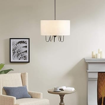 Martha Stewart Ellis Modern Pendant Ligthing For Living Room Hanging Dining Accent Decor Metal Downrod Fabric Shade Kitchen Ceiling Lights Chandelier For Bedroom 16 X 16 X 57 Black White