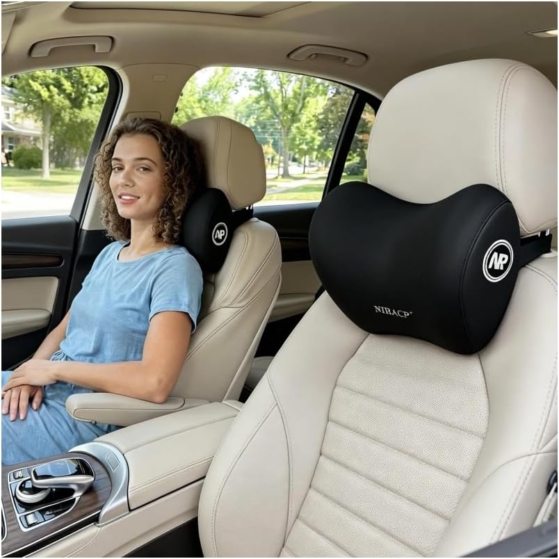Car Neck Pillow & Headrest Support for Driving - Memory Foam Neck Support Pillow with Adjustable Strap & Removable Cover, Office Chair, Travel Essentials - 2 Pack (Black)
