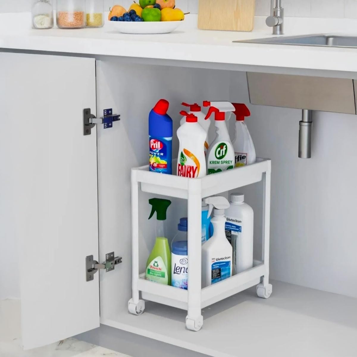 Deconox 2 Katlı Tekerlekli Tezgah Altı Düzenleyici, Mutfak, Banyo, Ardiye ve Depo için Yer Tasarruflu Depolama Rafı | Kompakt ve Pratik Tasarım (40x36x23cm) (BEYAZ)