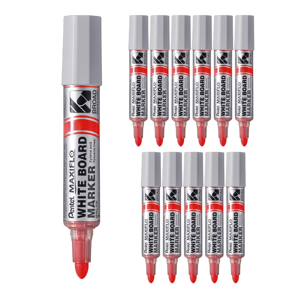 Pentel Maxiflo MWL5W-BX - Rotulador de pizarra blanca (punta cónica ultrancha, 12 unidades), color rojo