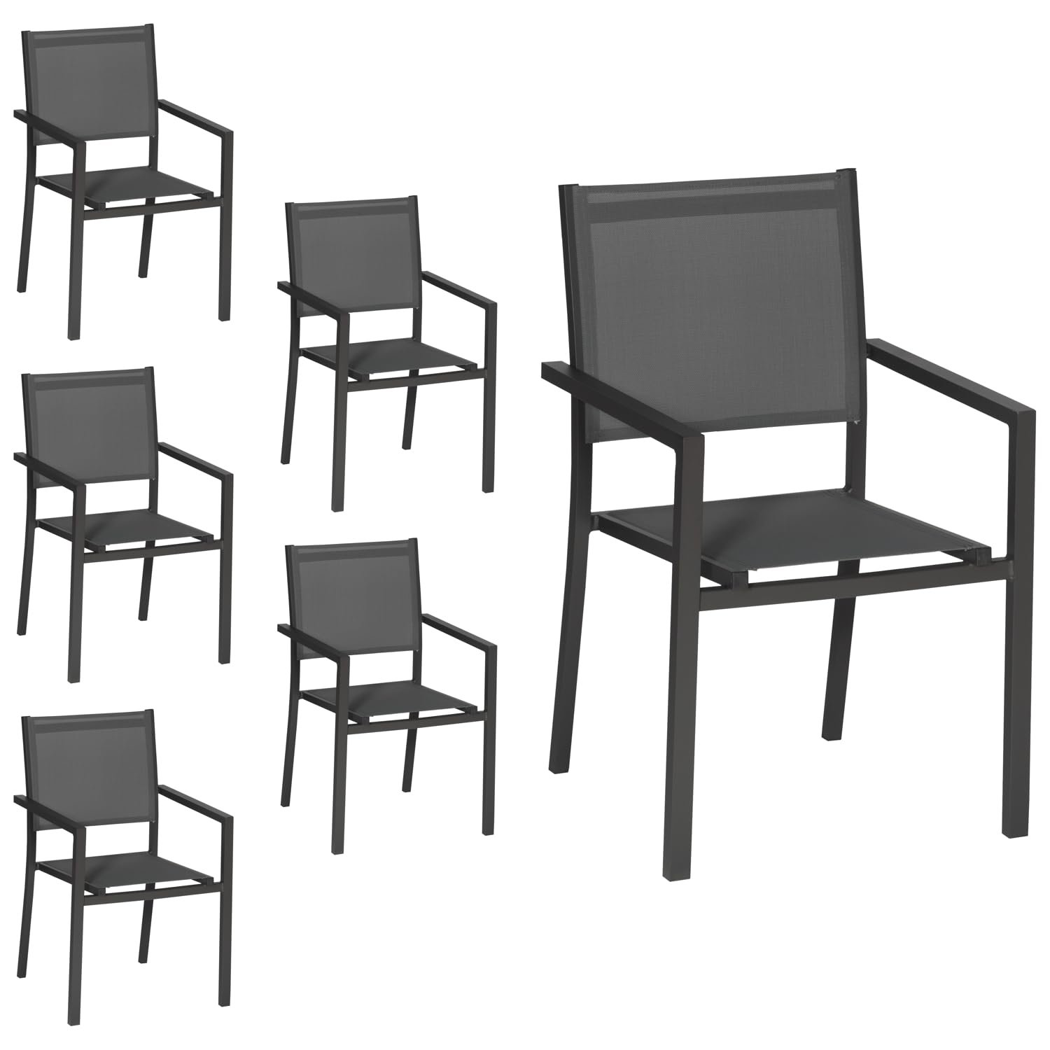 Happy Garden Lot de 6 chaises empilables en Aluminium Anthracite et textilène Gris