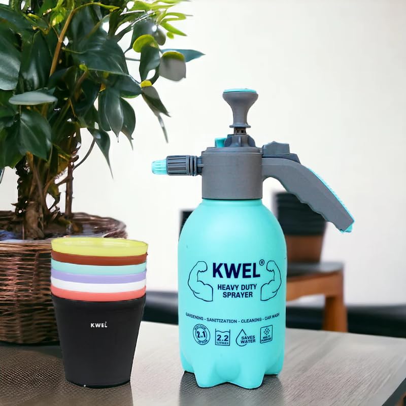 KWEL Pressure Sprayer 2.2 Litre (Aqua Blue) | Pressure Spray Bottle for Plants | Gardening Water Pump Spraye And Adjustable Nozzle for Jet & Mist Flow, With 4" Nursery pot Multicolor (Pack of 6) (B0D2XRMLC9) Amazon Price History, Amazon Price Tracker