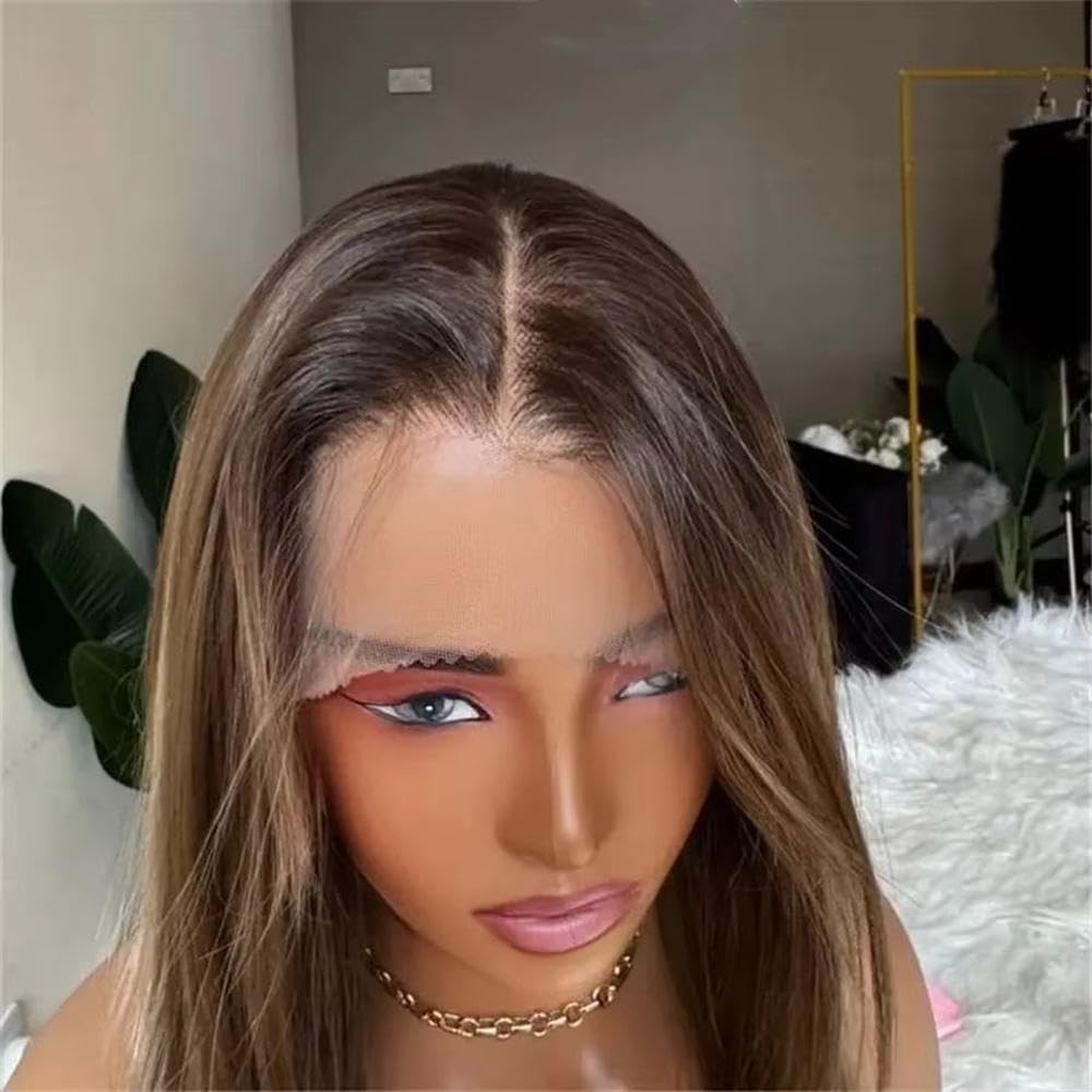 Haarpflege Mittelbraune Perücke Mit Blonden Natürlichen Glatten Haaren 13 X 4 Transparente Spitze Tägliches Tragen Cosplay