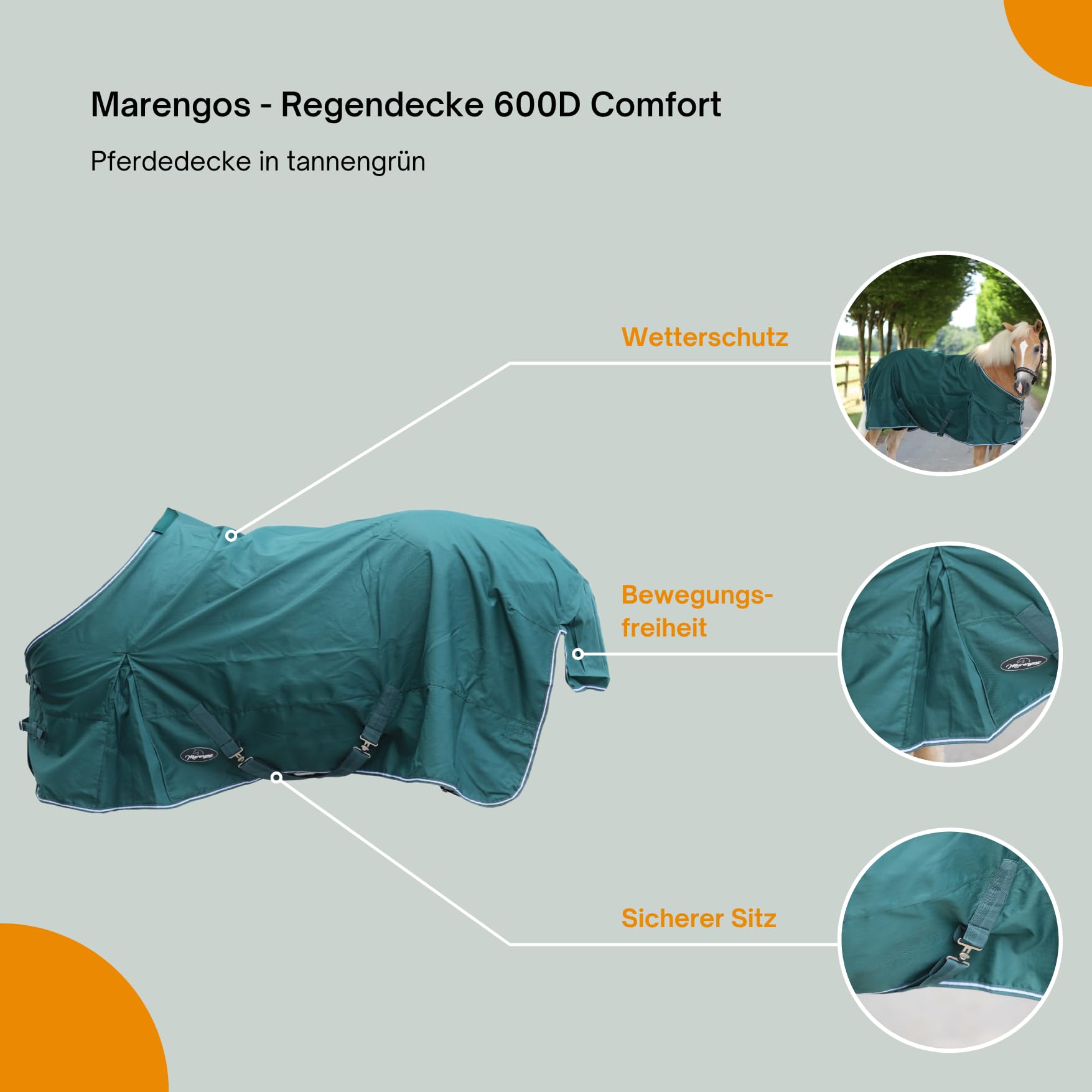 Marengos - Regendecke 600D Comfort – Pferdedecke mit Innenfutter – ideal als Weidedecke – wasserdicht & atmungsaktiv – mit Kreuzgurten, Gehfalten & Schweiflatz – Tannengrün – 165cm | Pferdedecke mit Innenfutter – ideal als Weidedecke – wasserdicht & atmun